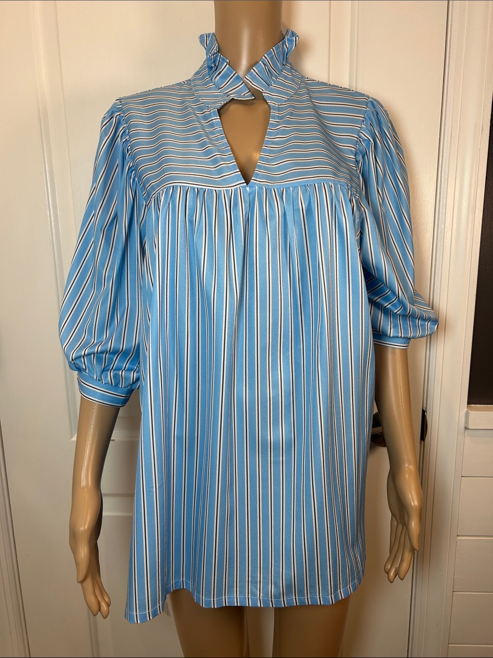 Striped Ruffle Neck Dress - Light Blue size L
